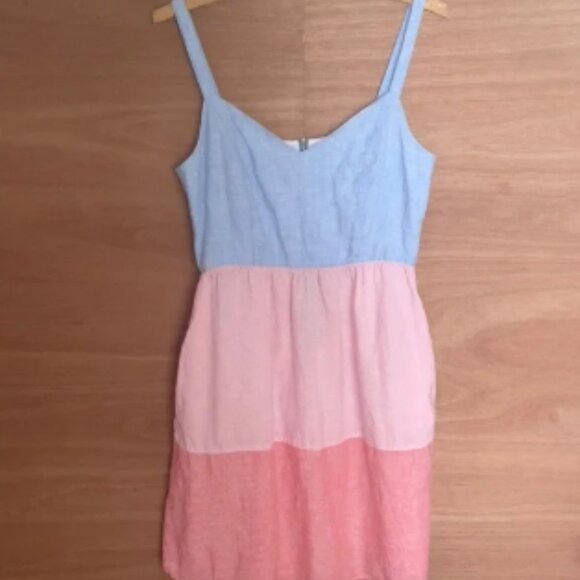 Cynthia Rowley 100% linen sleeveless sun dress sz S pockets colorblock blue pink - Picture 1 of 6